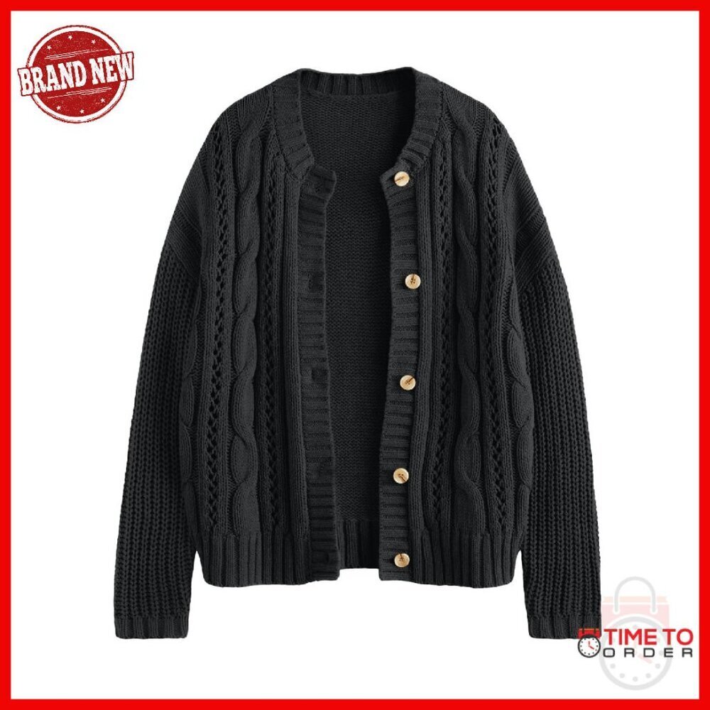 Cable Knit Cotton Cardigan Button Up Chunky Sweater Fall Winter